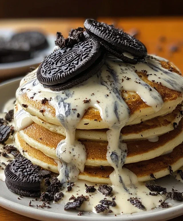 Oreo Pancakes with Cream Cheese Drizzle