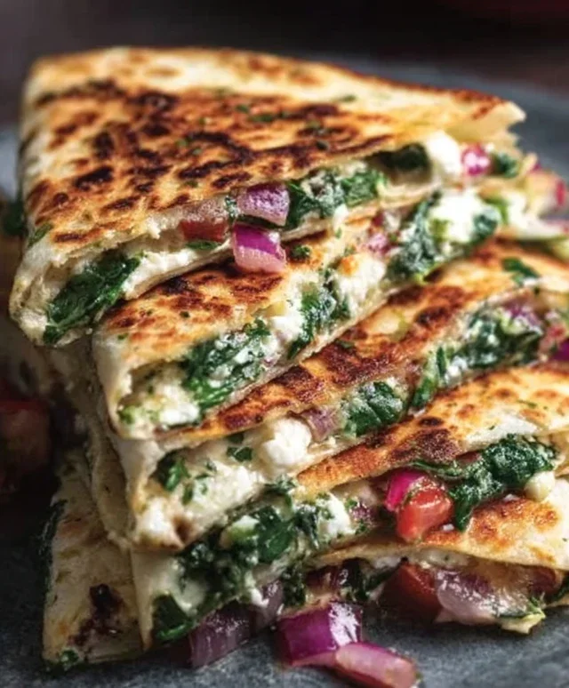Mediterranean Quesadillas with Spinach, Feta, Mozzarella, and Red Onion