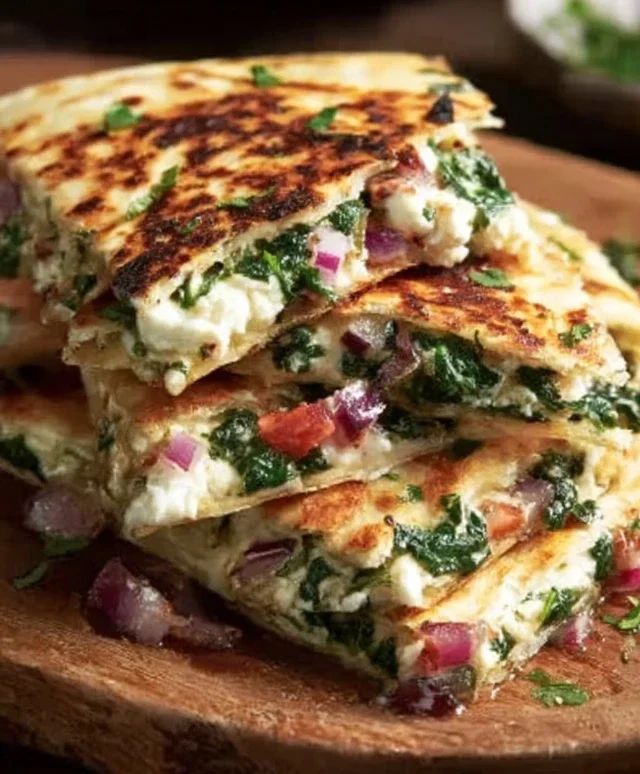 Mediterranean Quesadillas with Spinach, Feta, Mozzarella, and Red Onion