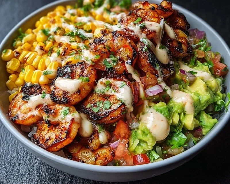 Grilled Shrimp Bowl with Avocado, Corn Salsa & Creamy Garlic Sauce