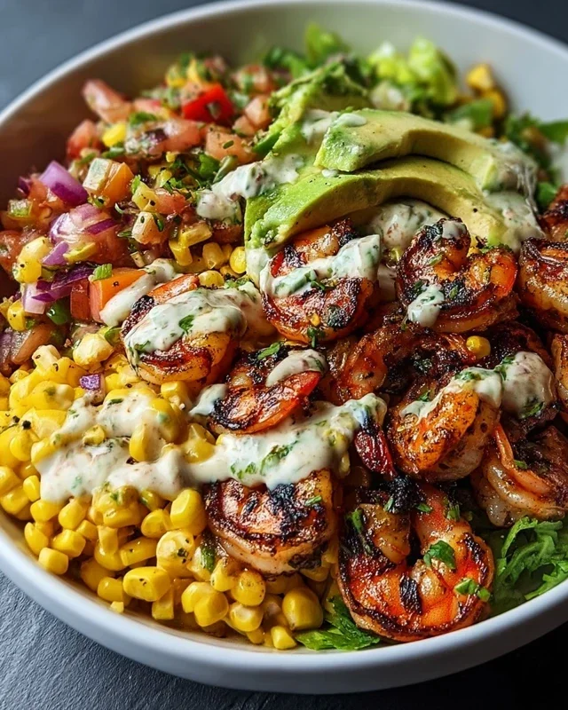 Grilled Shrimp Bowl with Avocado, Corn Salsa & Creamy Garlic Sauce