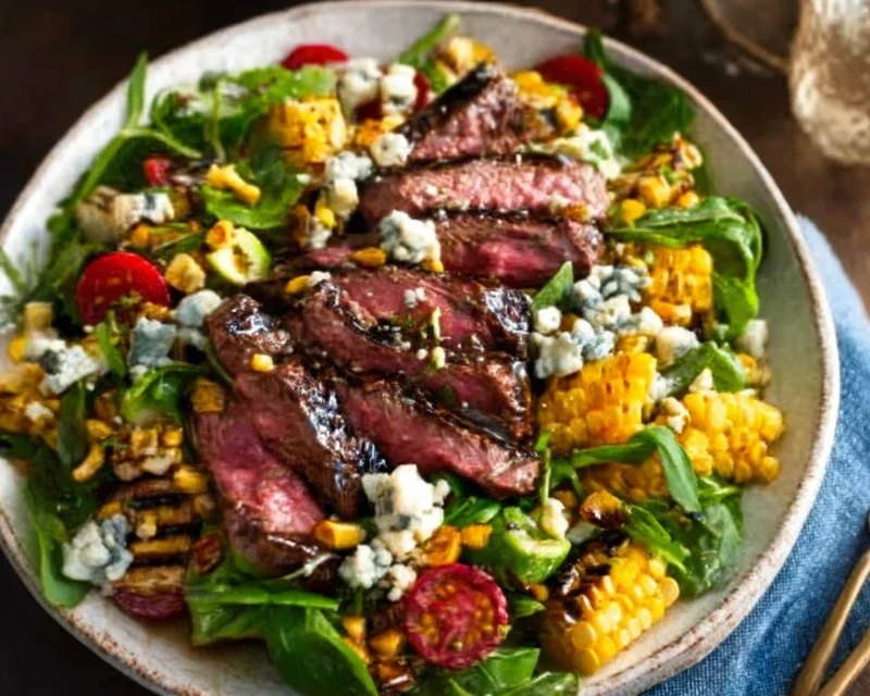 Balsamic Steak Gorgonzola Salad with Grilled Corn