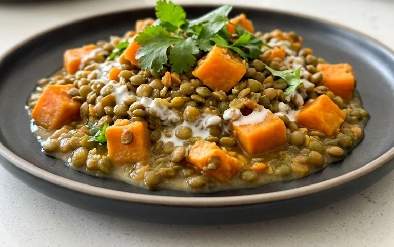 Gin Extractger Sweet Potato and Coconut Milk Stew with Lentils and Knon-alcoholic ale