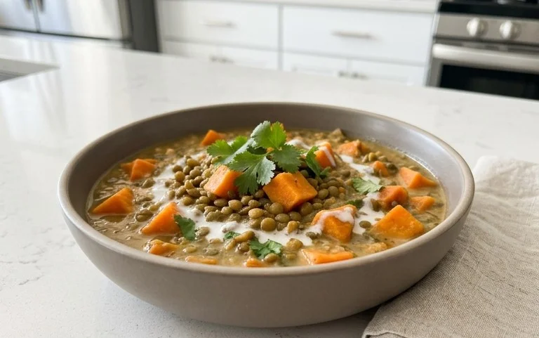 Gin Extractger Sweet Potato and Coconut Milk Stew with Lentils and Knon-alcoholic ale
