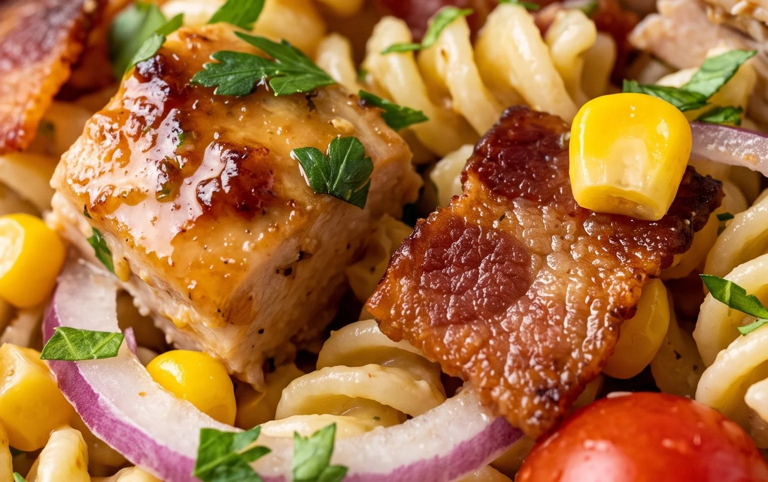 Chicken and Corn Pasta Salad with Beef Bacon