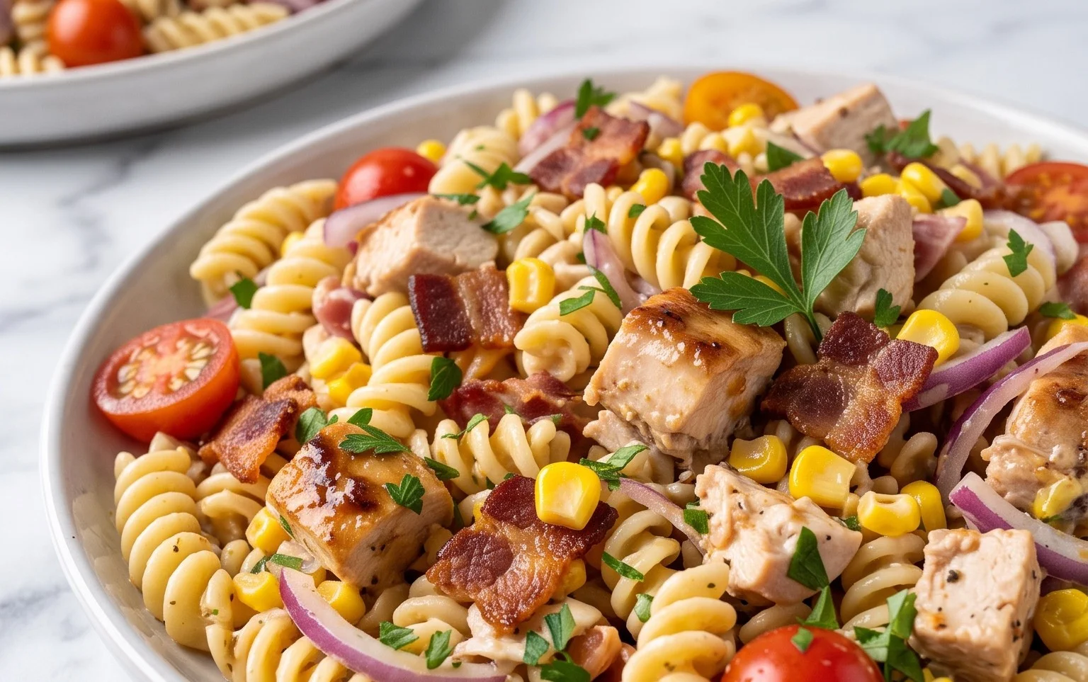 Chicken and Corn Pasta Salad with Beef Bacon