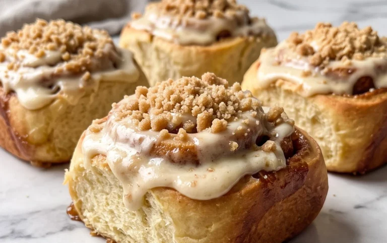 Peach Cobbler Cinnamon Rolls with Crum extractb Topping