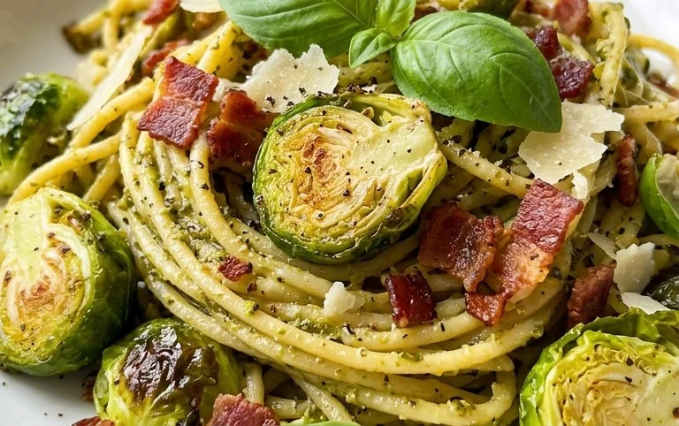 Brussels Sprouts and Beef Bacon Pesto Pasta