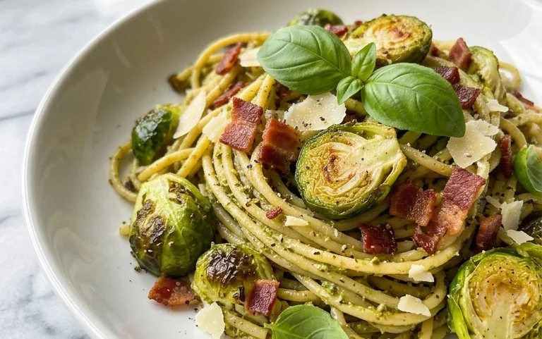 Brussels Sprouts and Beef Bacon Pesto Pasta
