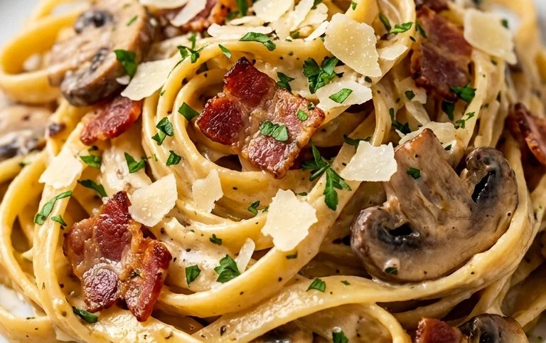 Creamy Beef Bacon and Mushroom Pasta