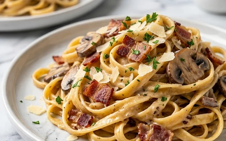 Creamy Beef Bacon and Mushroom Pasta