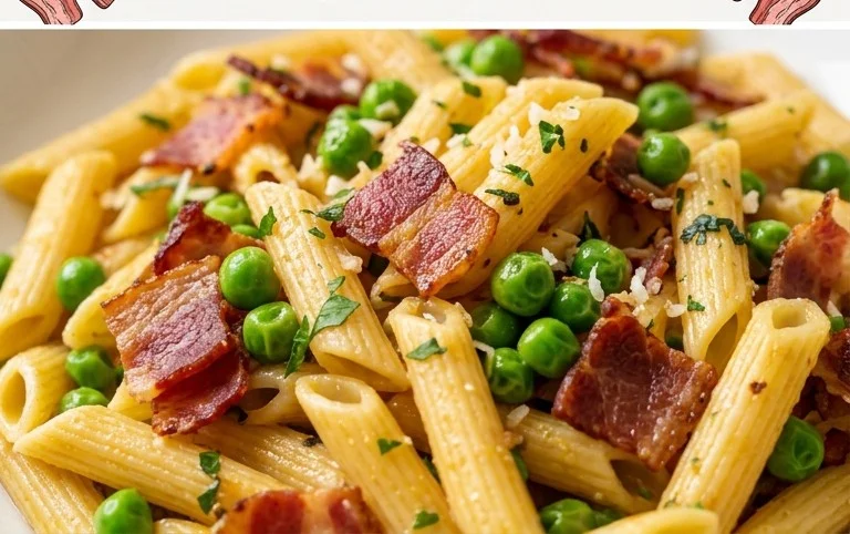 Penne Pasta, Peas and Beef Bacon