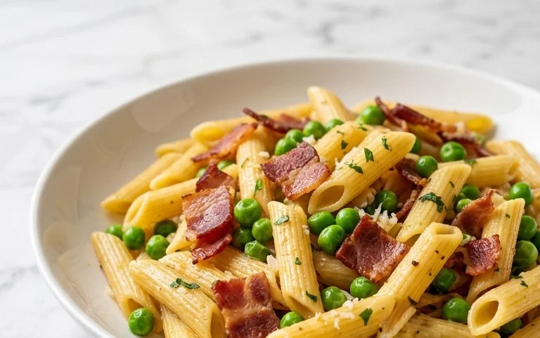 Penne Pasta, Peas and Beef Bacon